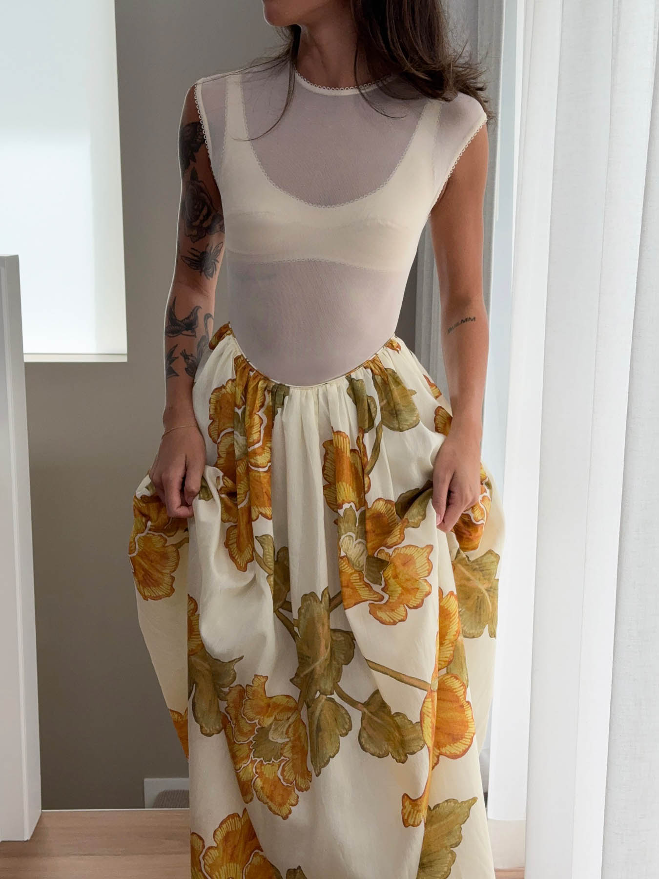 Stunning Floral Print Mesh Bustier Gown Maxi Dress