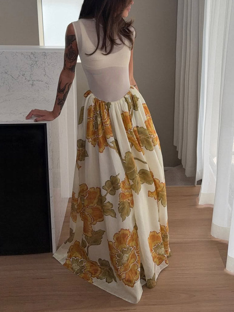 Stunning Floral Print Mesh Bustier Gown Maxi Dress