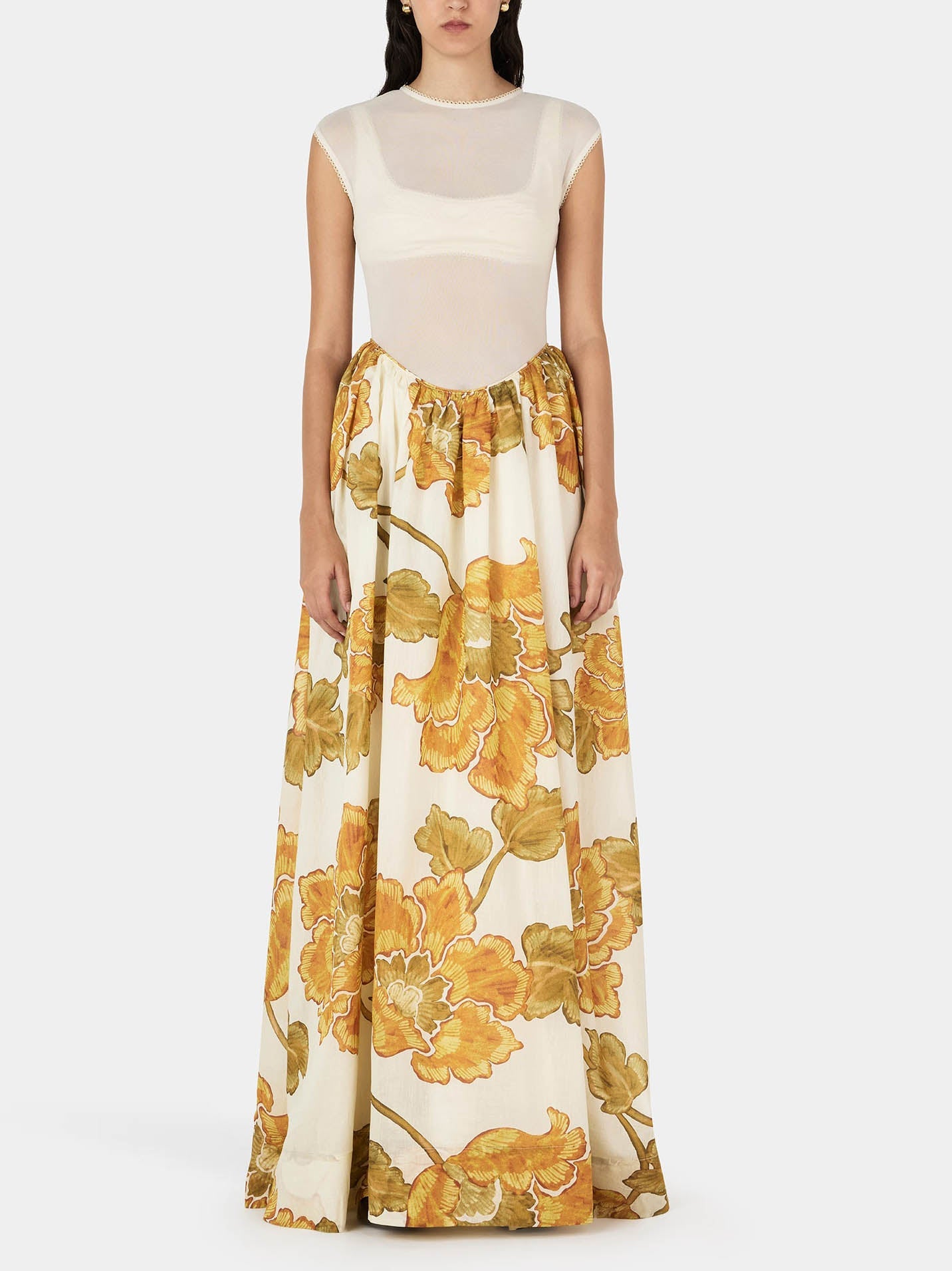 Stunning Floral Print Mesh Bustier Gown Maxi Dress