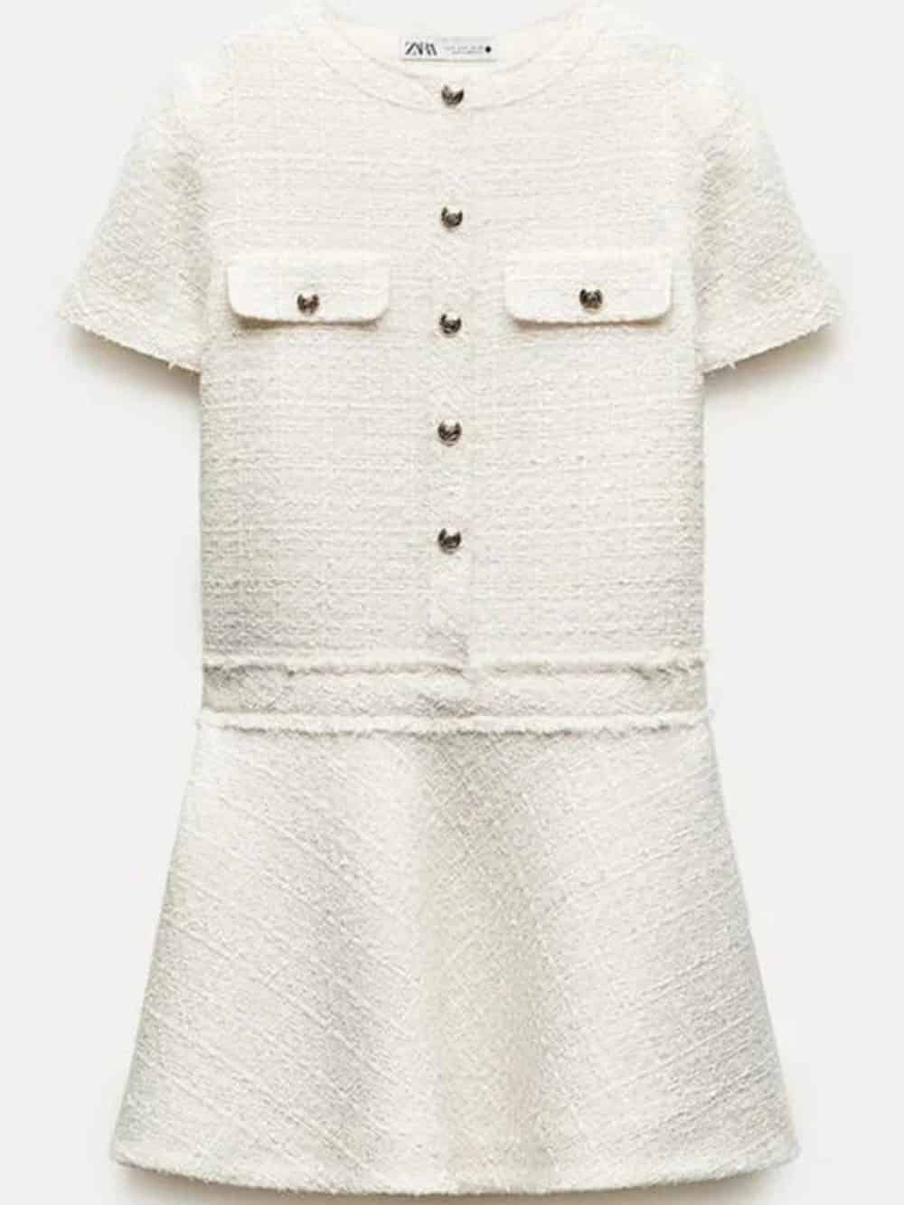 1960s London Girl Tweed Textured Gold Button Short Sleeve Pocketed Mini Dress