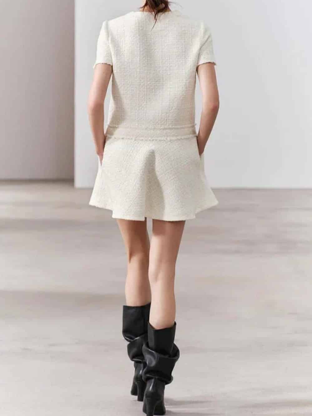 1960s London Girl Tweed Textured Gold Button Short Sleeve Pocketed Mini Dress