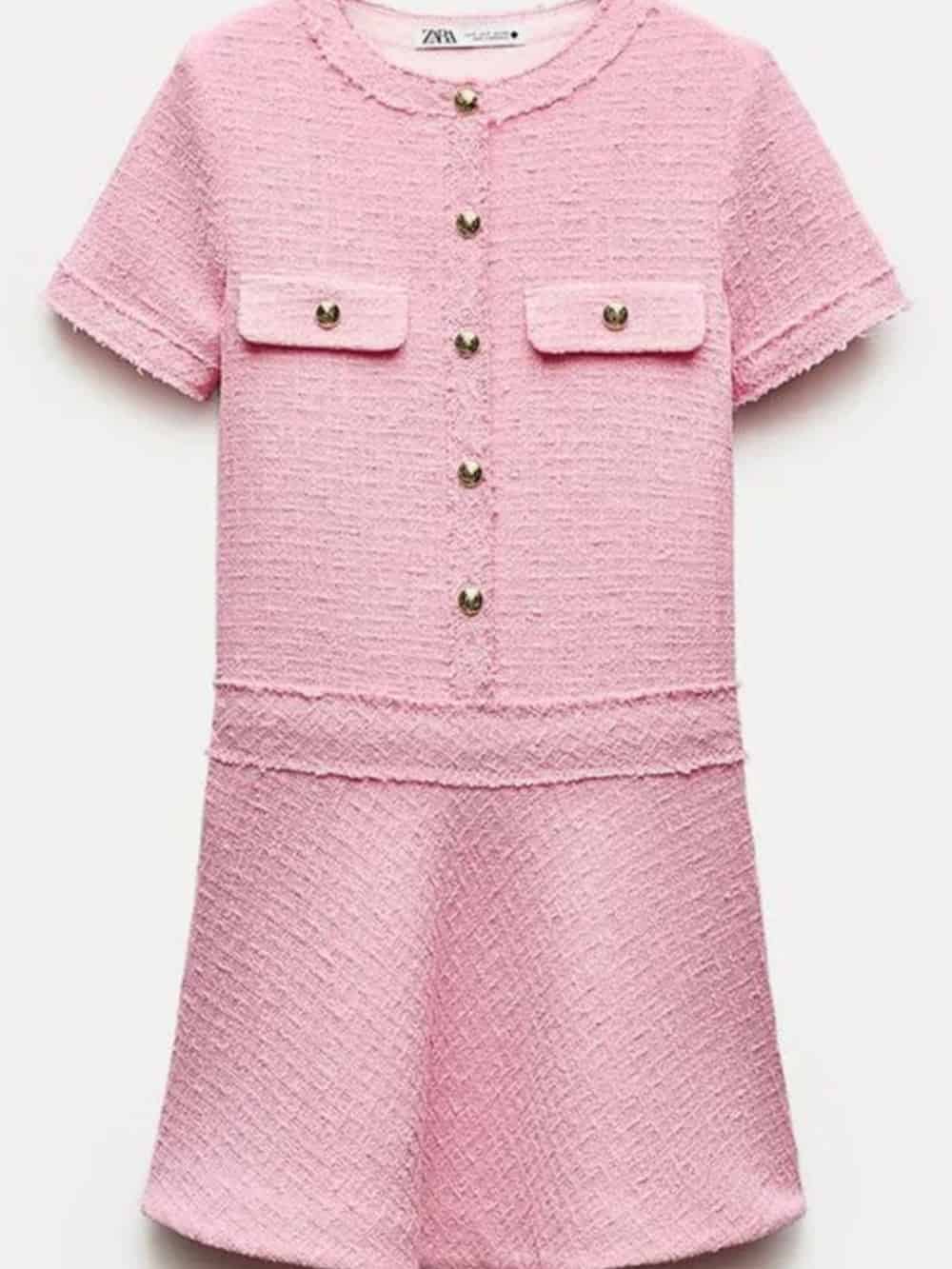 1960s London Girl Tweed Textured Gold Button Short Sleeve Pocketed Mini Dress