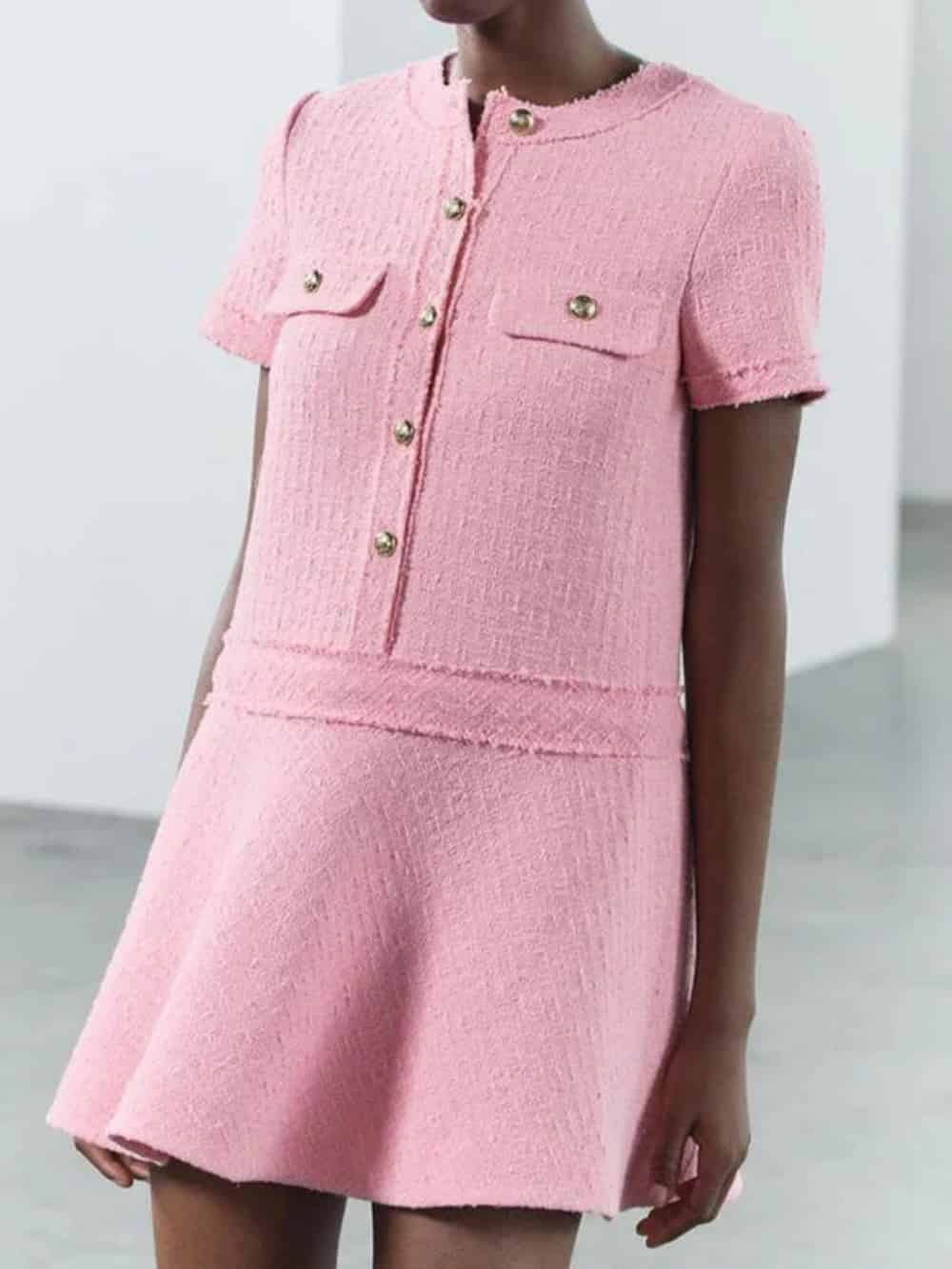 1960s London Girl Tweed Textured Gold Button Short Sleeve Pocketed Mini Dress