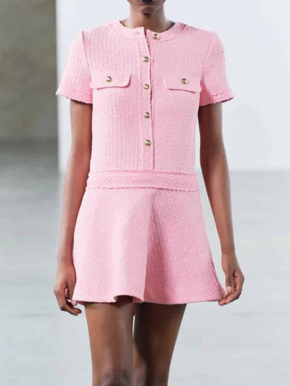 1960s London Girl Tweed Textured Gold Button Short Sleeve Pocketed Mini Dress