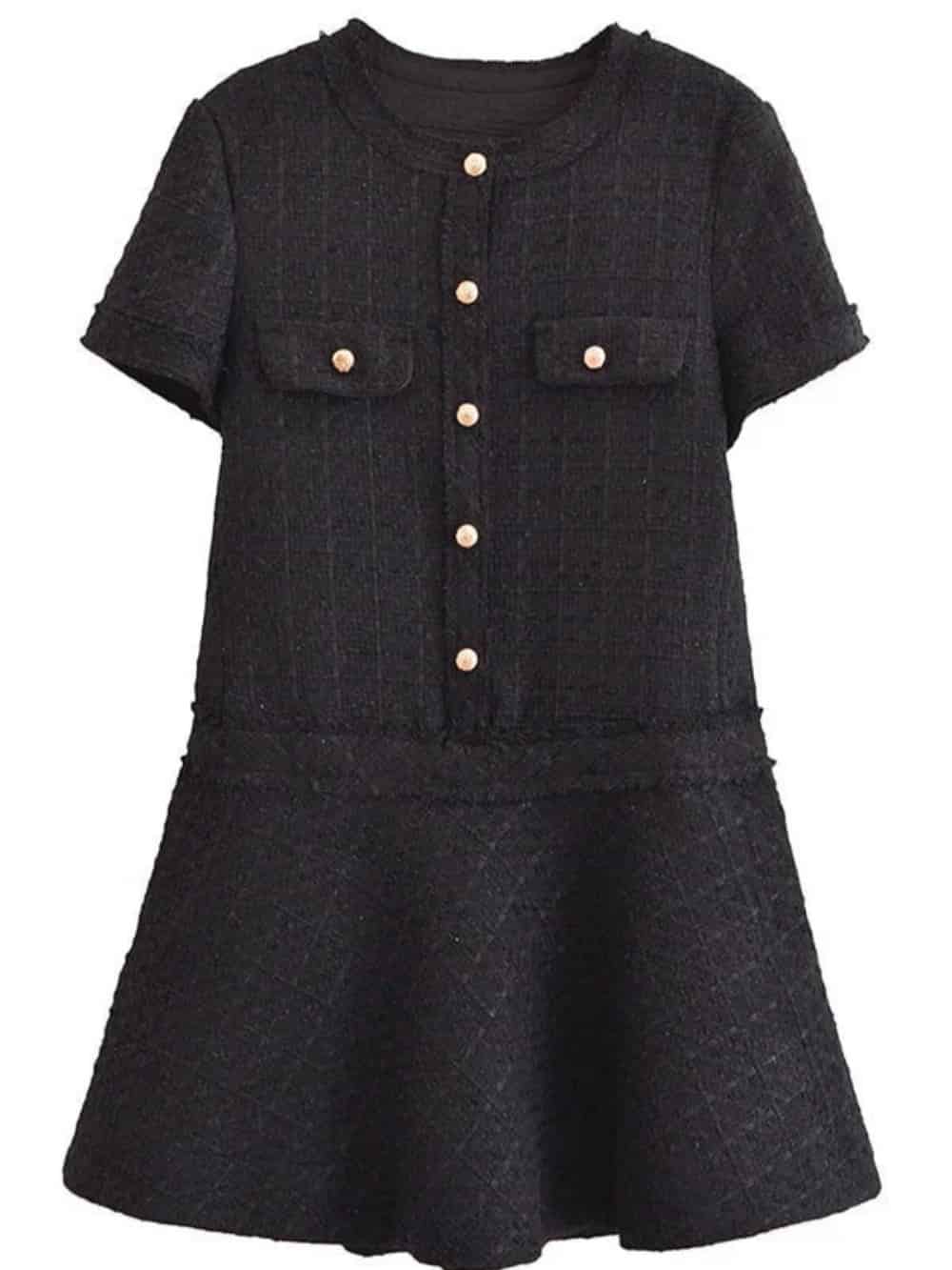 1960s London Girl Tweed Textured Gold Button Short Sleeve Pocketed Mini Dress