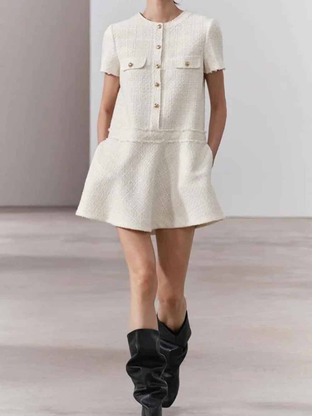1960s London Girl Tweed Textured Gold Button Short Sleeve Pocketed Mini Dress