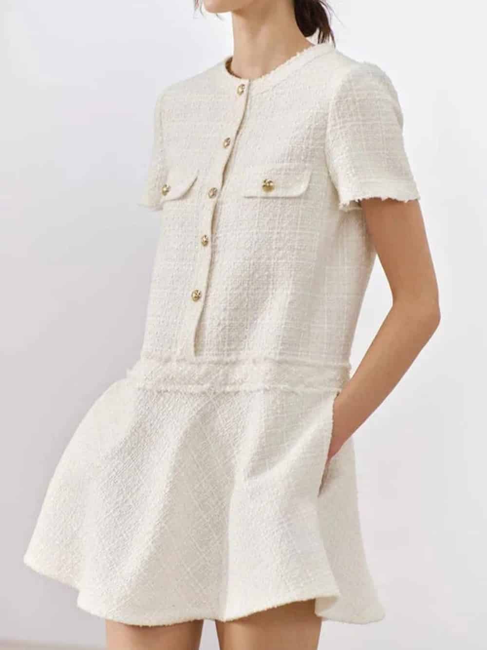 1960s London Girl Tweed Textured Gold Button Short Sleeve Pocketed Mini Dress
