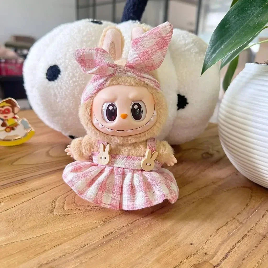Handmade Labubu Plaid Pink Green Dress Outfit with Accessories