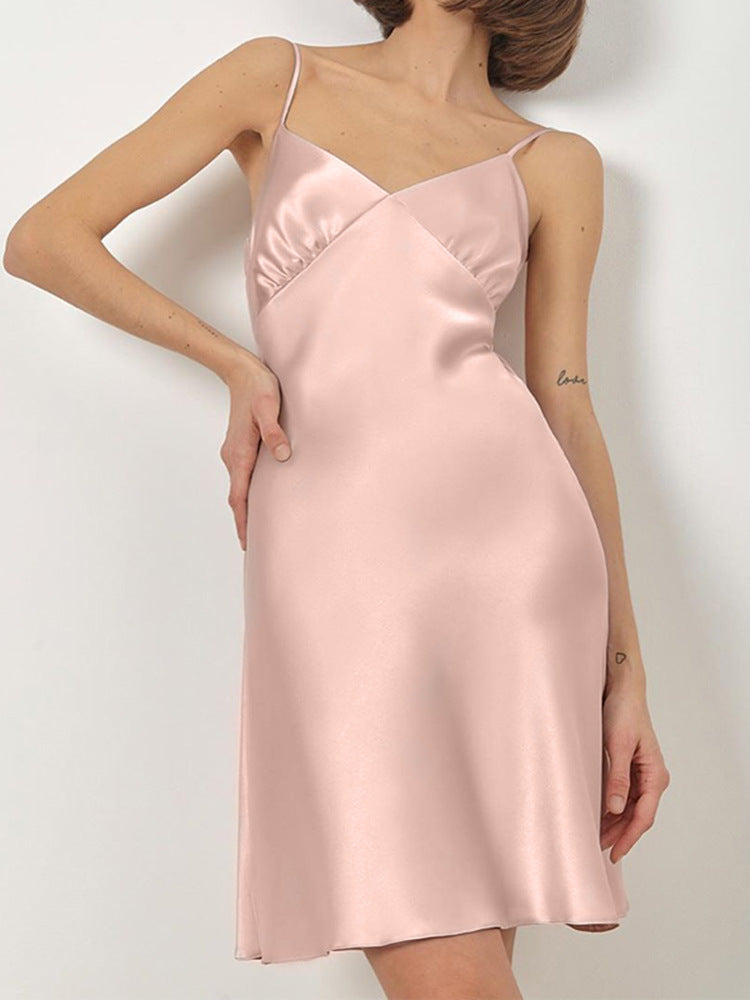 Sexy Solid Strap V-Neck Acetate Mini Dress