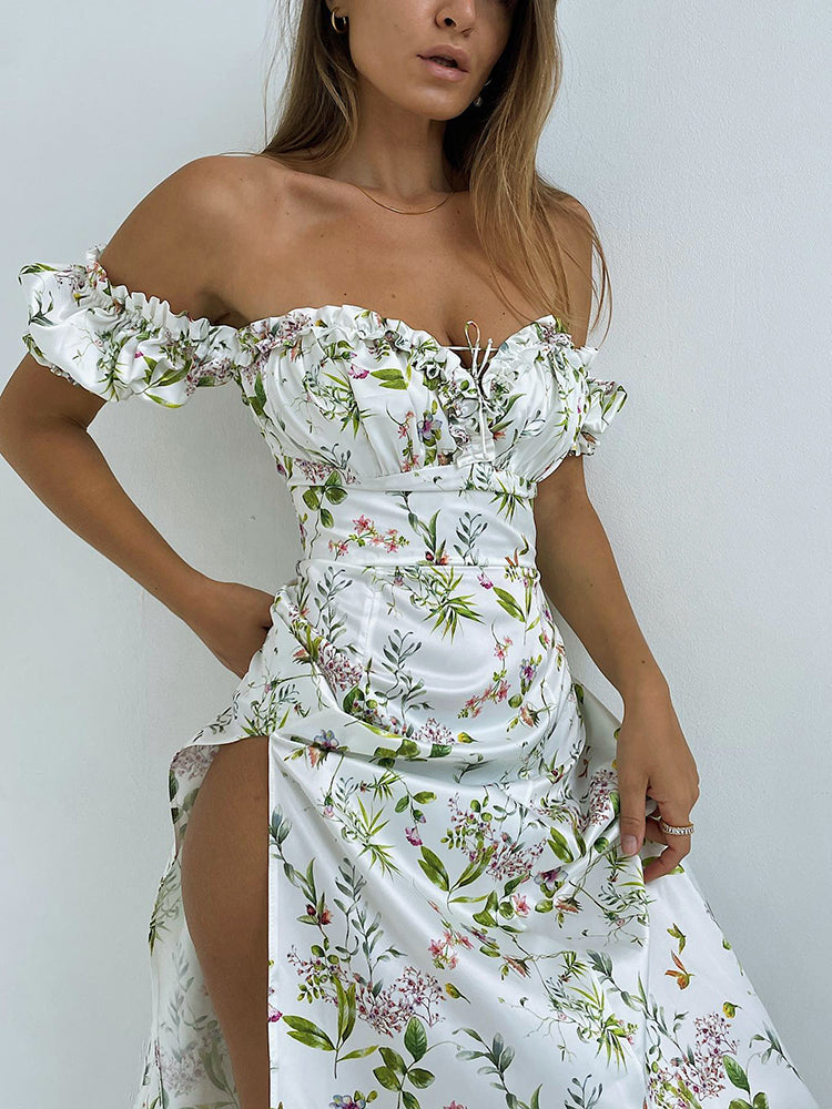 Elegant Floral Off Shoulder Puff Sleeve Maxi Dress