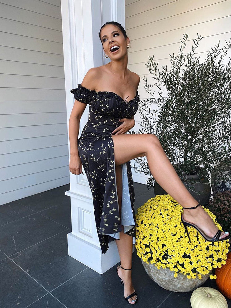 Elegant Floral Off Shoulder Puff Sleeve Maxi Dress