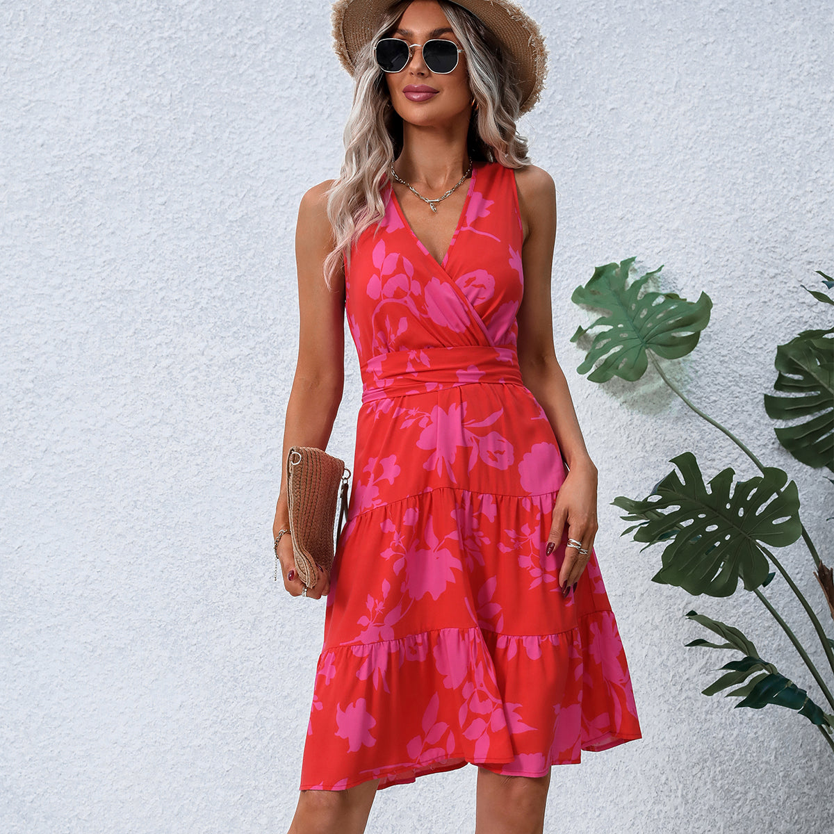 Fashion Tie Waist V Neck Printed Casual Dress