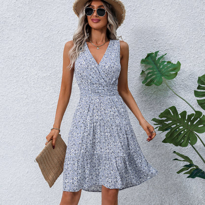 Fashion Floral Print V Neck Tie Waist Dress