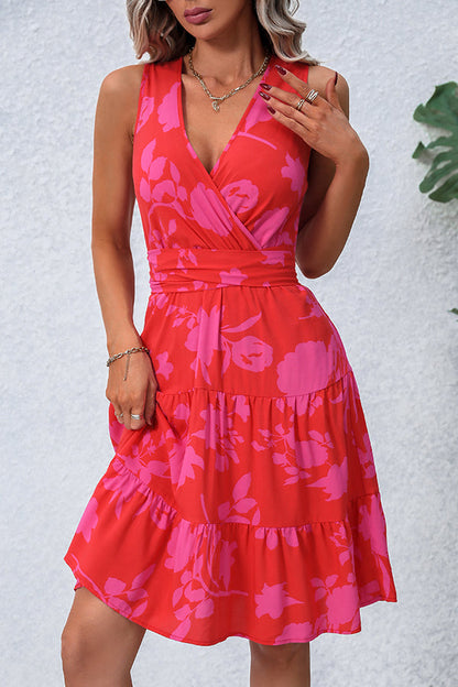 Fashion Tie Waist V Neck Printed Casual Dress
