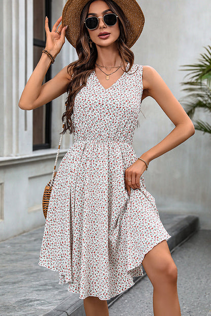 Floral Print V Neck Ruffle Hem Dress