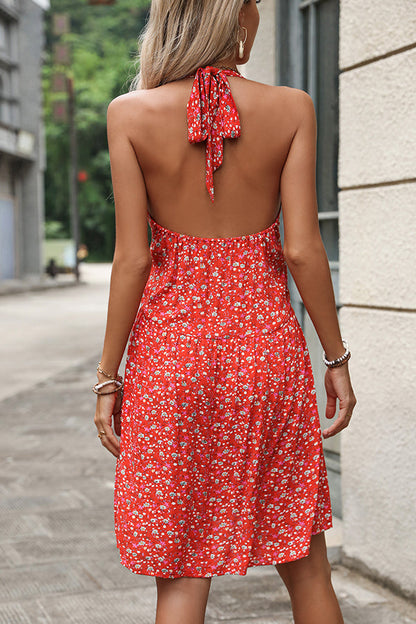 Fashion Floral Print Halter Neck Casual Dress