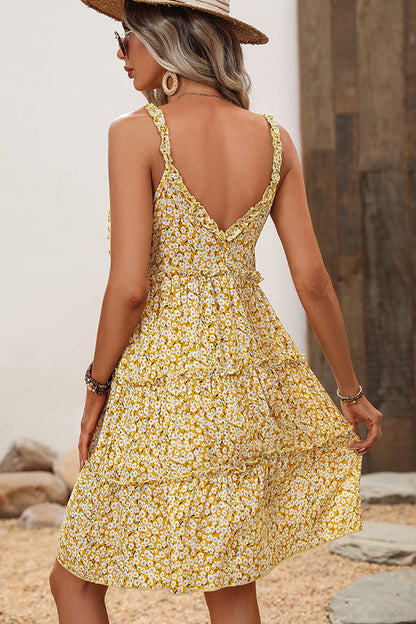 Floral Print V Neck Frill Casual Mini Dress