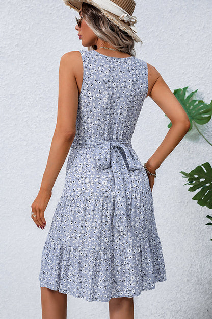 Fashion Floral Print V Neck Tie Waist Dress