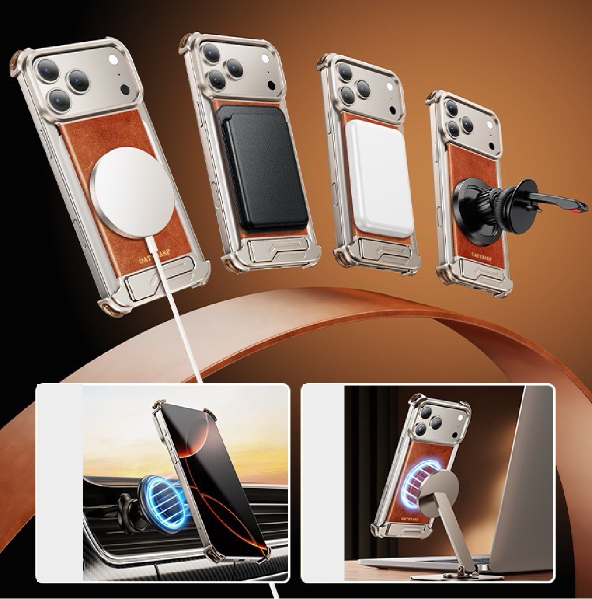 Metal Leather Hidden Bracket Magnetic Mobile Phone Case