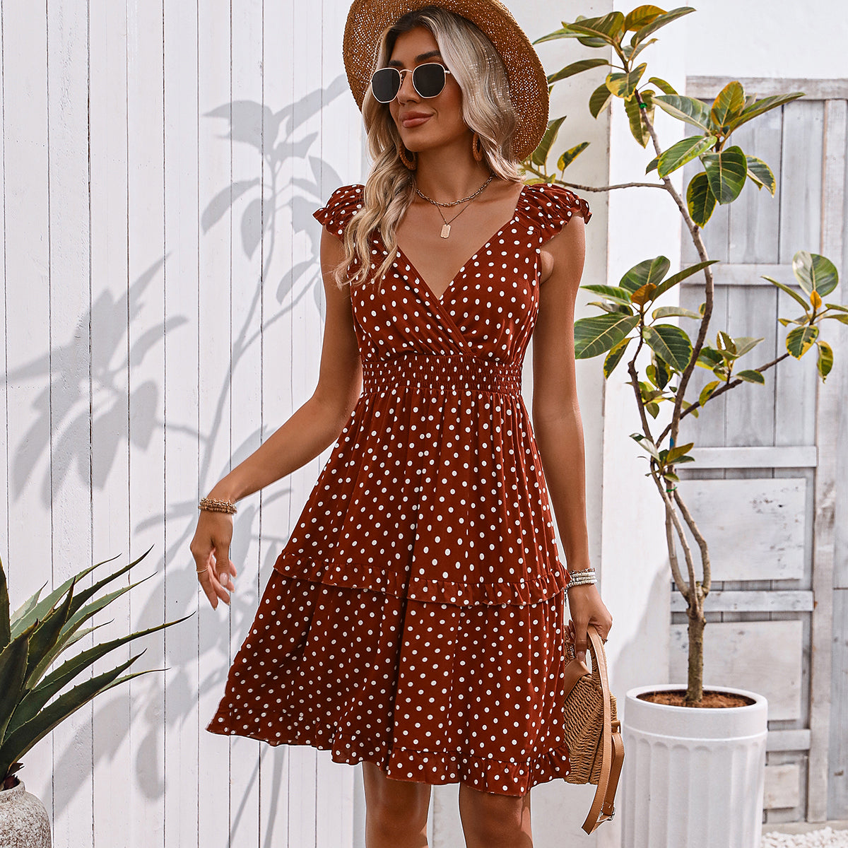Fashion Smocked Waist Dots Print Mini Dress