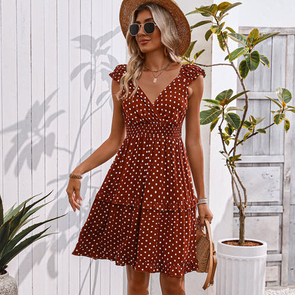 Fashion Smocked Waist Dots Print Mini Dress