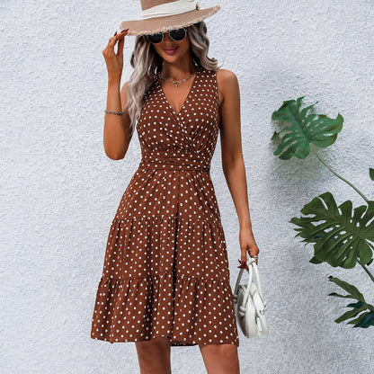 Fashion Dots Print V Neck Tie Waist Dress