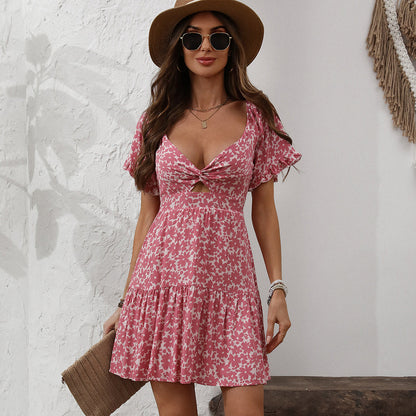 Fashion Floral Print Hook Design Mini Dress