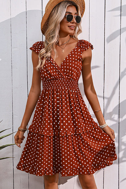 Fashion Smocked Waist Dots Print Mini Dress