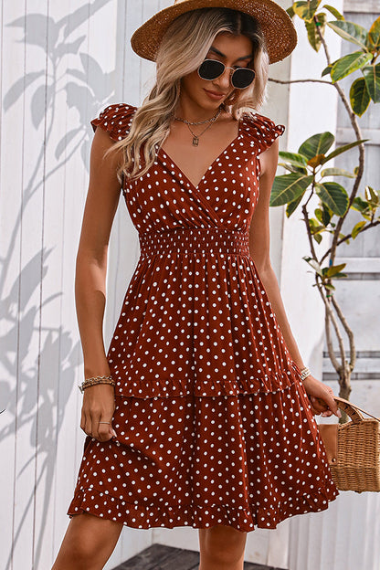 Fashion Smocked Waist Dots Print Mini Dress