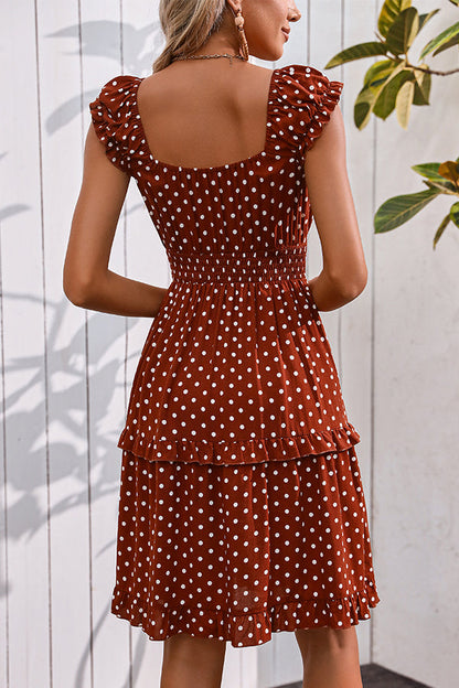 Fashion Smocked Waist Dots Print Mini Dress