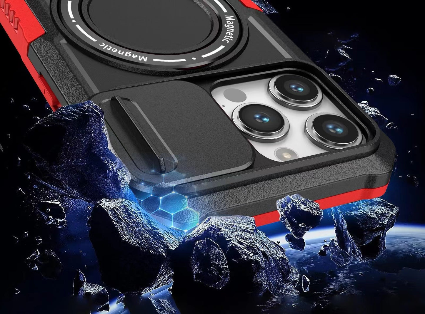 Mechanical style lens protection bracket magnetic phone case