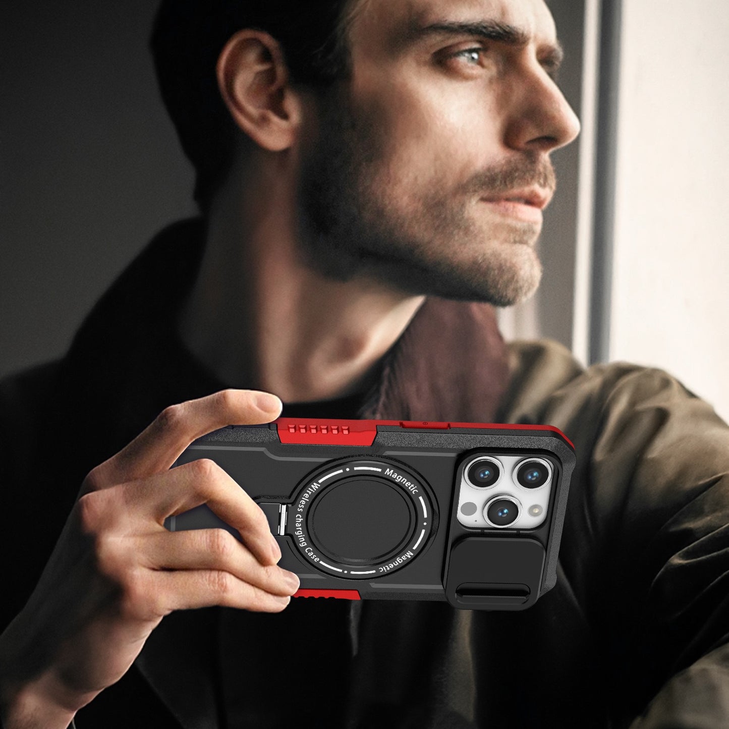 Mechanical style lens protection bracket magnetic phone case