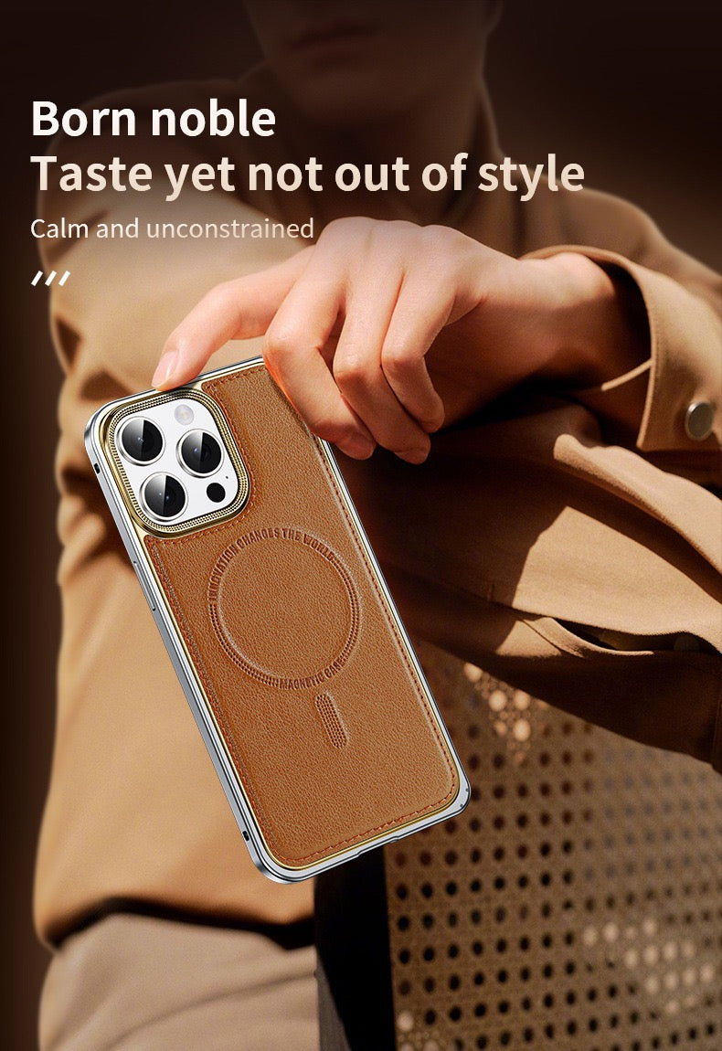 Business Leather Metal Frame Magnetic Phone Case