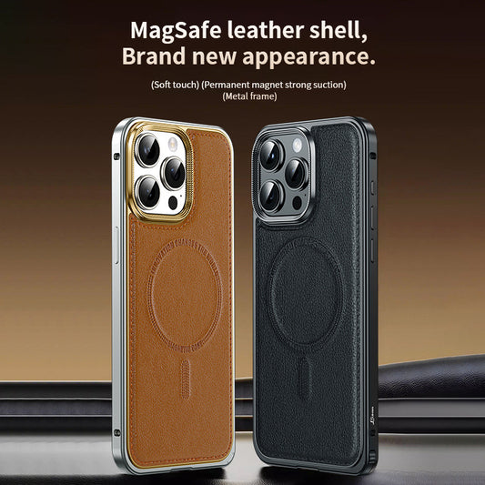 Business Leather Metal Frame Magnetic Phone Case