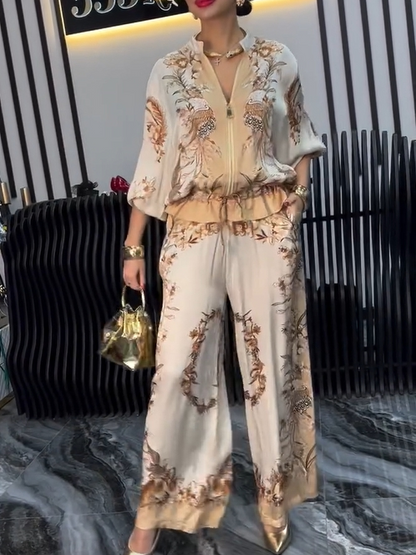 Unique Symmetrical Print Zip-Up Top