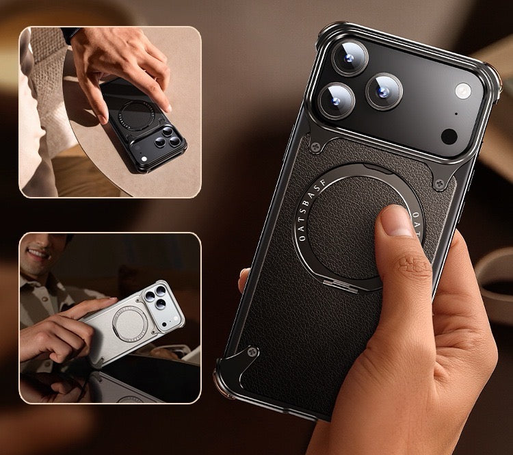 Luxury Genuine Leather Frameless Rotating Stand Phone Case