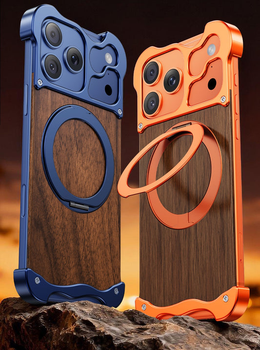New Upgrade Elegant Appearance Metal & Solid Wood Rotating Stand Phone Case