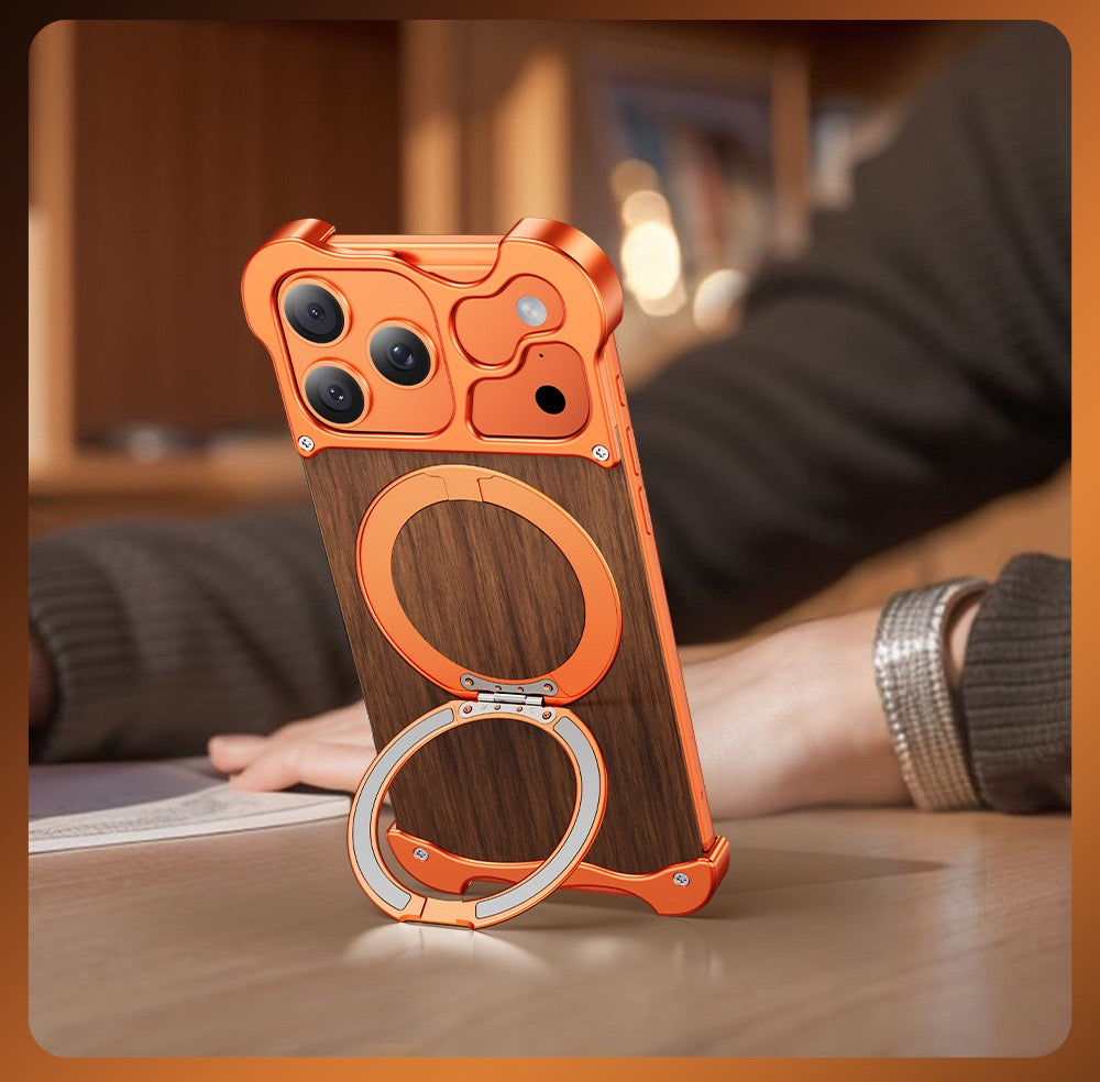 New Upgrade Elegant Appearance Metal & Solid Wood Rotating Stand Phone Case