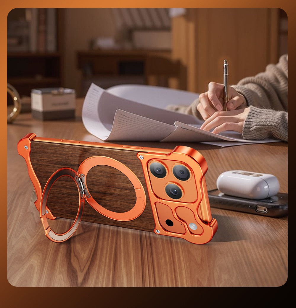 New Upgrade Elegant Appearance Metal & Solid Wood Rotating Stand Phone Case