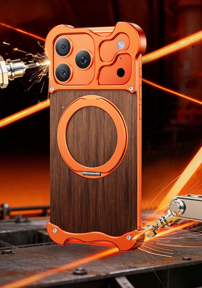 New Upgrade Elegant Appearance Metal & Solid Wood Rotating Stand Phone Case