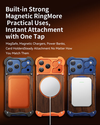 New Upgrade Elegant Appearance Metal & Solid Wood Rotating Stand Phone Case