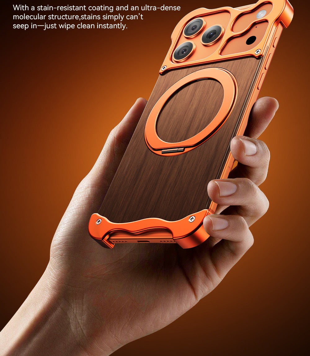 New Upgrade Elegant Appearance Metal & Solid Wood Rotating Stand Phone Case