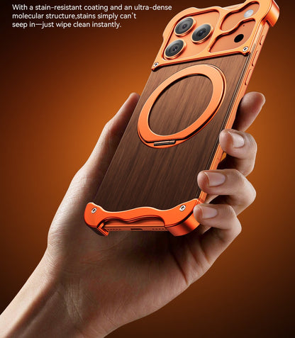 New Upgrade Elegant Appearance Metal & Solid Wood Rotating Stand Phone Case