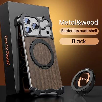 New Upgrade Elegant Appearance Metal & Solid Wood Rotating Stand Phone Case