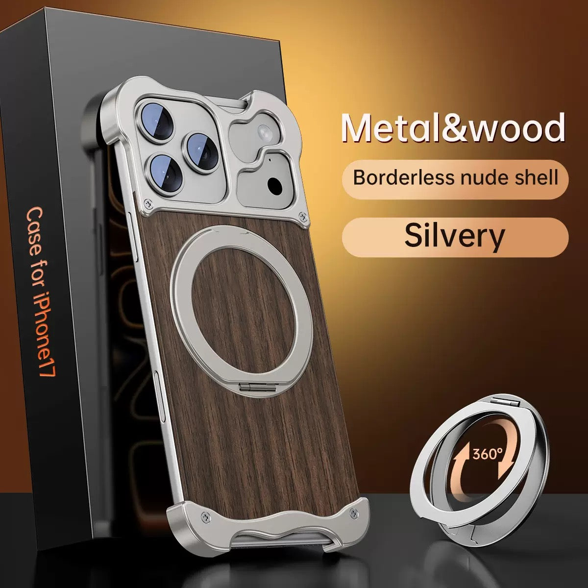 New Upgrade Elegant Appearance Metal & Solid Wood Rotating Stand Phone Case