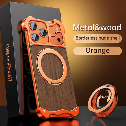New Upgrade Elegant Appearance Metal & Solid Wood Rotating Stand Phone Case