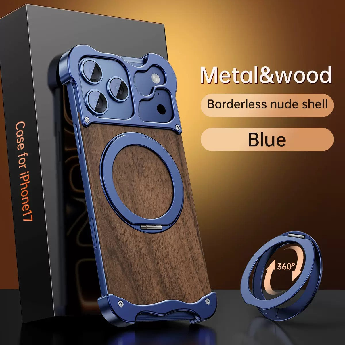 New Upgrade Elegant Appearance Metal & Solid Wood Rotating Stand Phone Case