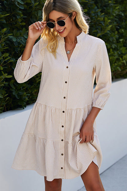 Split Neck Plaid Print Button Up Tunic Dress