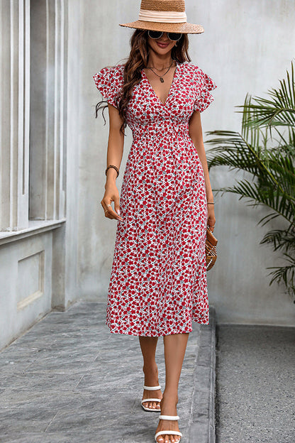 Floral Print V Neck Frill Casual Dress