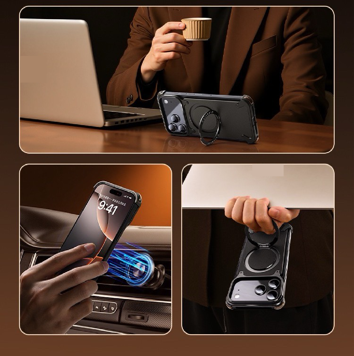 Luxury Genuine Leather Frameless Rotating Stand Phone Case